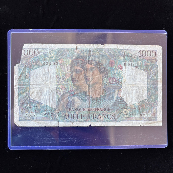 Vintage Banknote 1949 France 1000 Francs Minerve et Hercule Watermark Toploader
