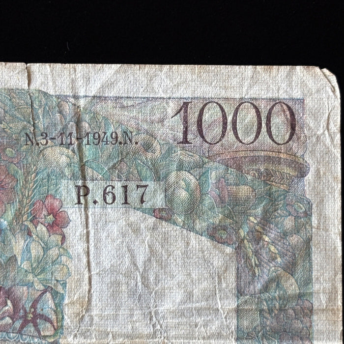 Vintage Banknote 1949 France 1000 Francs Minerve et Hercule Watermark Toploader