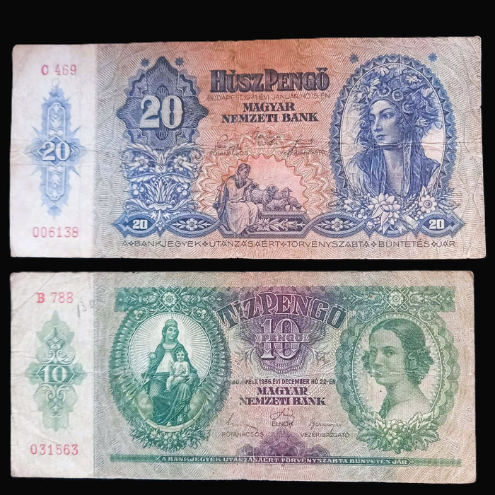 Vintage Banknote 1936-1941 Hungary Pengő Set 10 20 Tíz Húsz Collectible Paper Money Europe