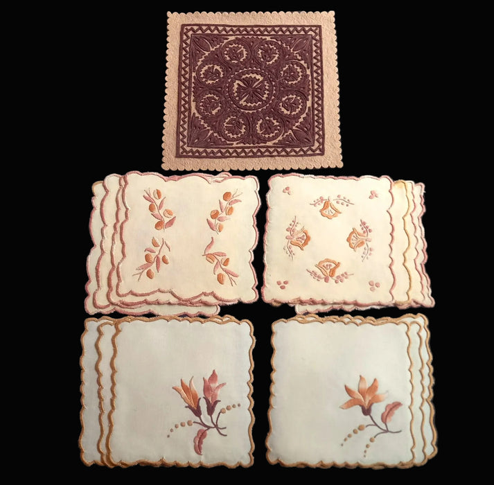 Vintage Hungarian Folk Art 15pc Set Rustic Doilies & Felt Mat Hand Embroidered Decor 1970s