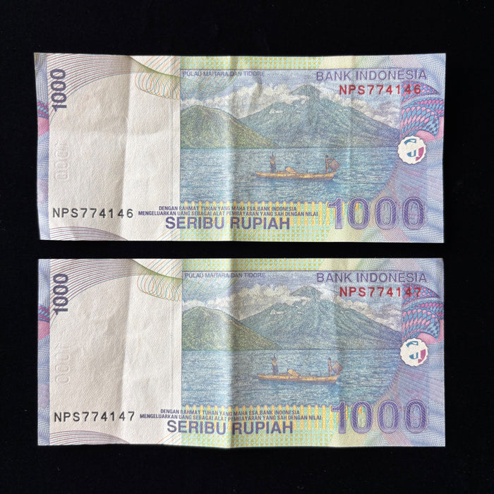 Vintage Banknote Consecutive Pair Indonesia 1000 Rupiah UV Boat Soldiers