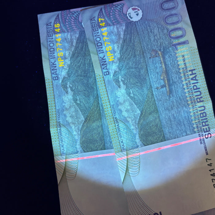 Vintage Banknote Consecutive Pair Indonesia 1000 Rupiah UV Boat Soldiers