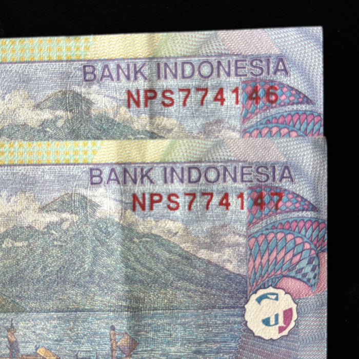 Vintage Banknote Consecutive Pair Indonesia 1000 Rupiah UV Boat Soldiers