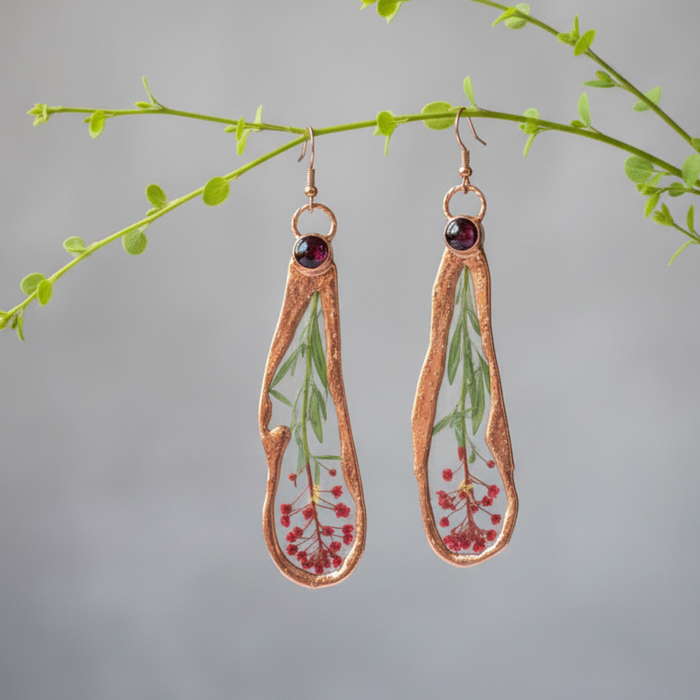Garnet Earrings Long Copper Flowers Red Gems