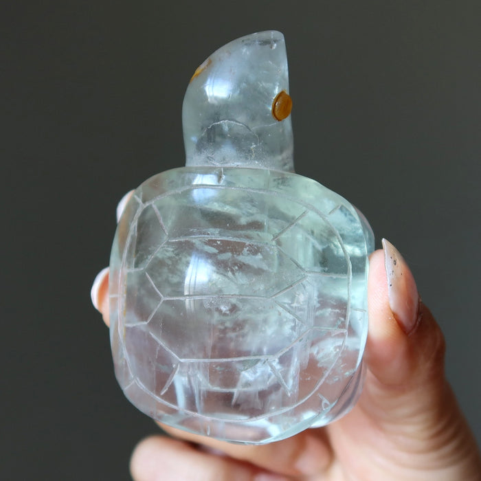Clear green fluorite crystal turtle held in a hand against a dark background