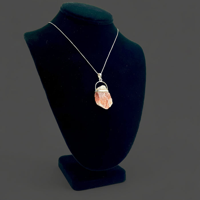 Sunstone Pendant Flashy Sun Ray Raw Red Gem Sterling Silver