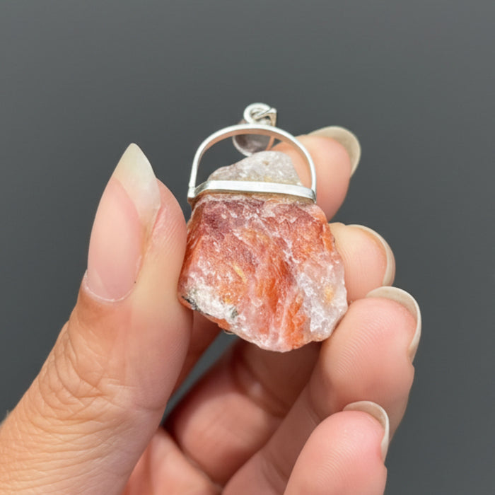 Sunstone Pendant Flashy Sun Ray Raw Red Gem Sterling Silver