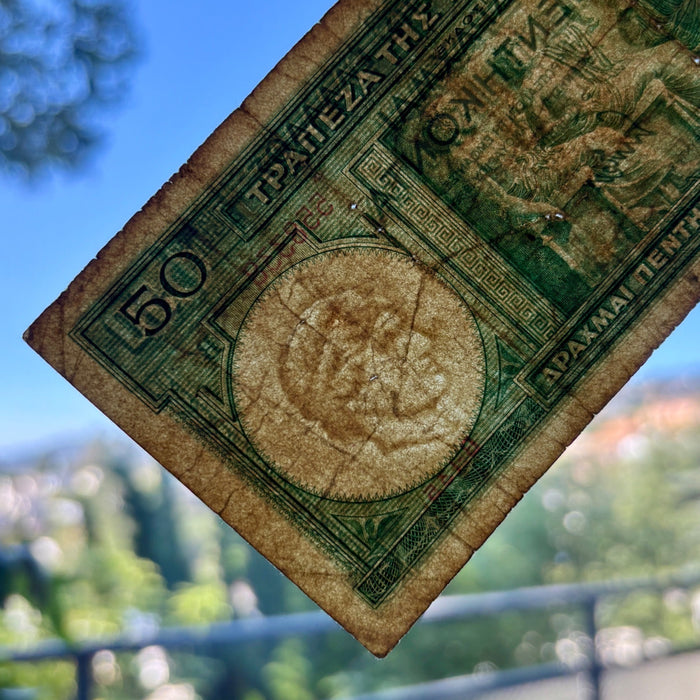 Vintage Banknote 1939 Greece 50 Drachmai Ancient Poet Hesiod Parthenon WWII Era