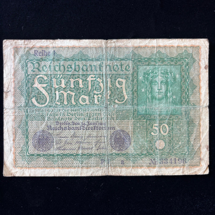 Antique Banknote 1919 German Reichsbanknote 50 Mark Post WWI Imperial Transition