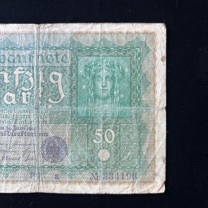 Antique Banknote 1919 German Reichsbanknote 50 Mark Post WWI Imperial Transition