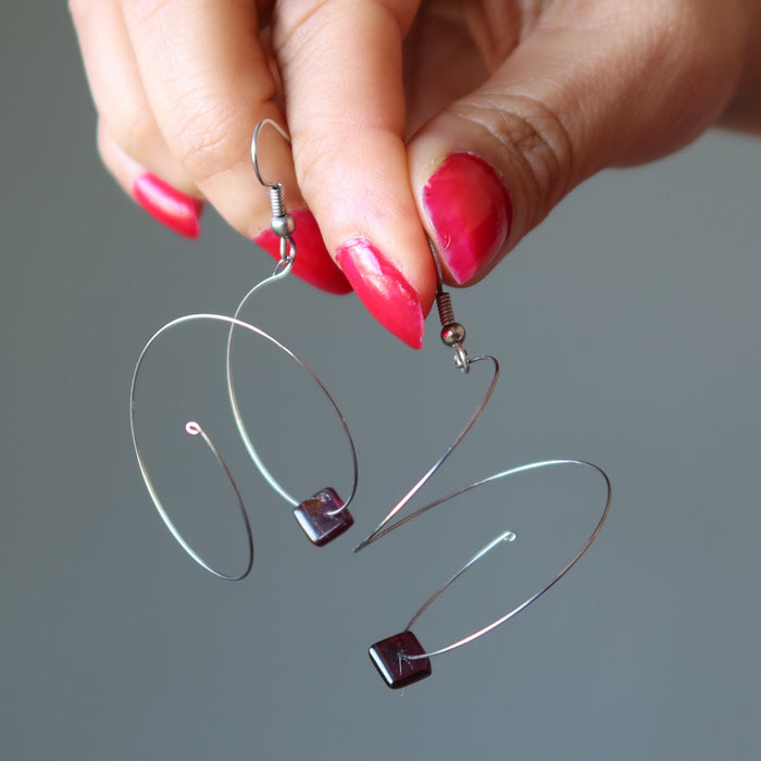 Garnet Earrings Spin Style Silver Spiral Square Gems