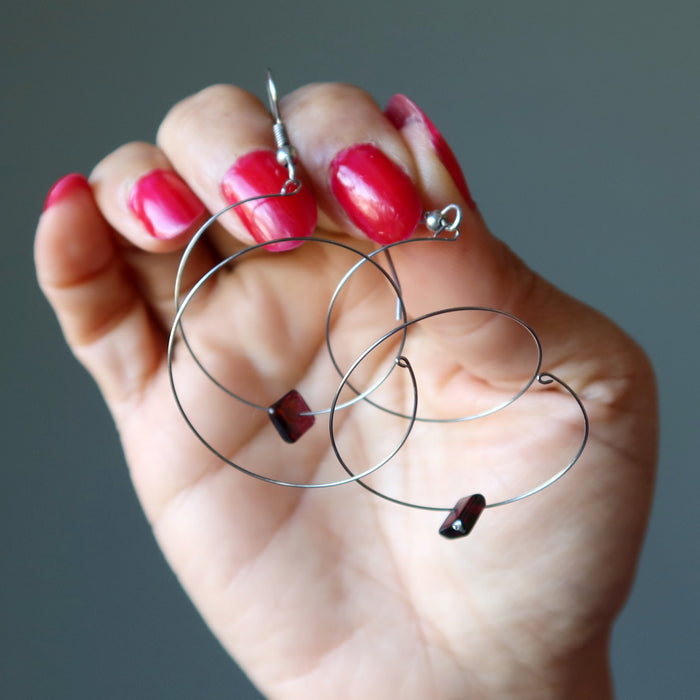 Garnet Earrings Spin Style Silver Spiral Square Gems