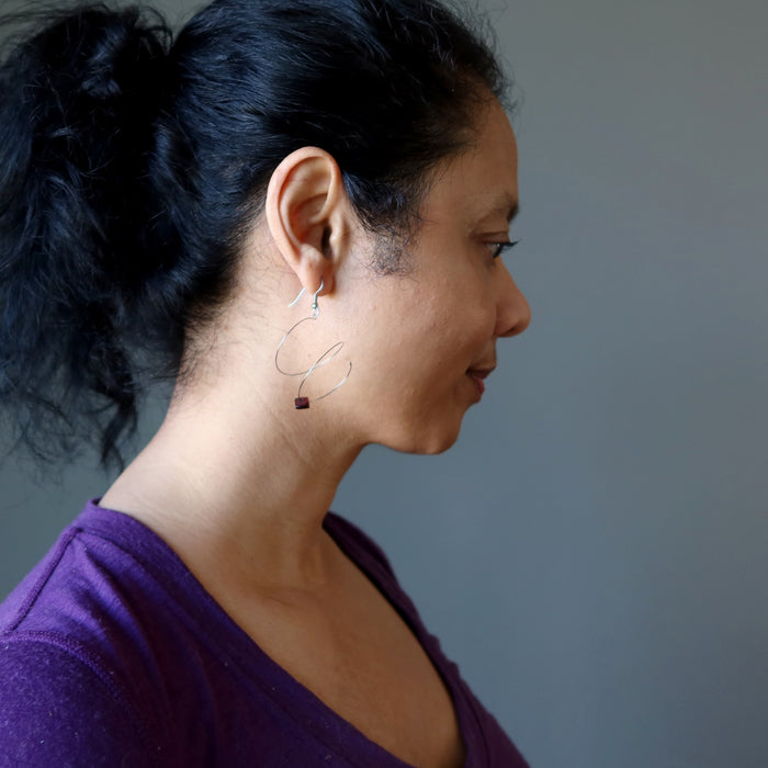 Garnet Earrings Spin Style Silver Spiral Square Gems