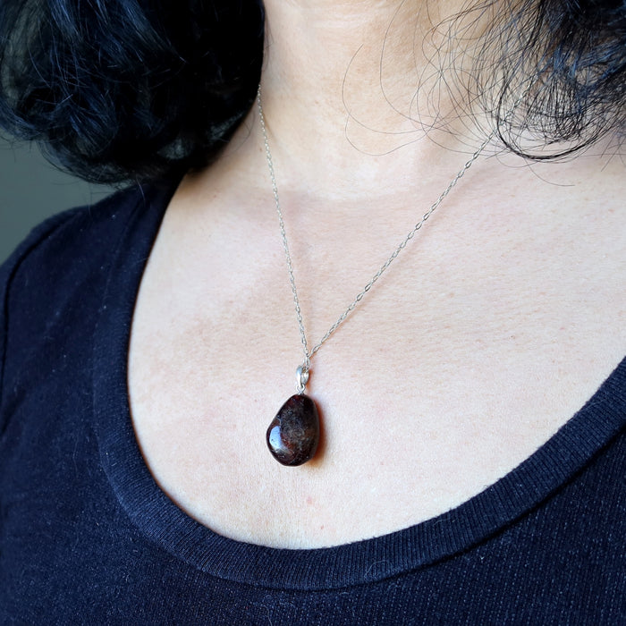 Red Garnet Necklace Tumbled Drop of Luxury Sterling Silver