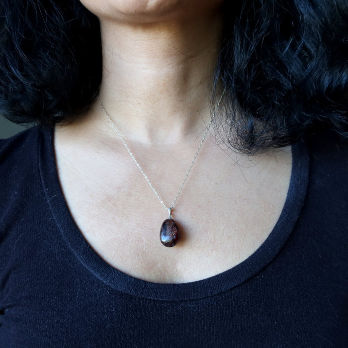 Red Garnet Necklace Tumbled Drop of Luxury Sterling Silver