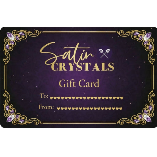 Satin Crystals gift card with decorative border and brand name.