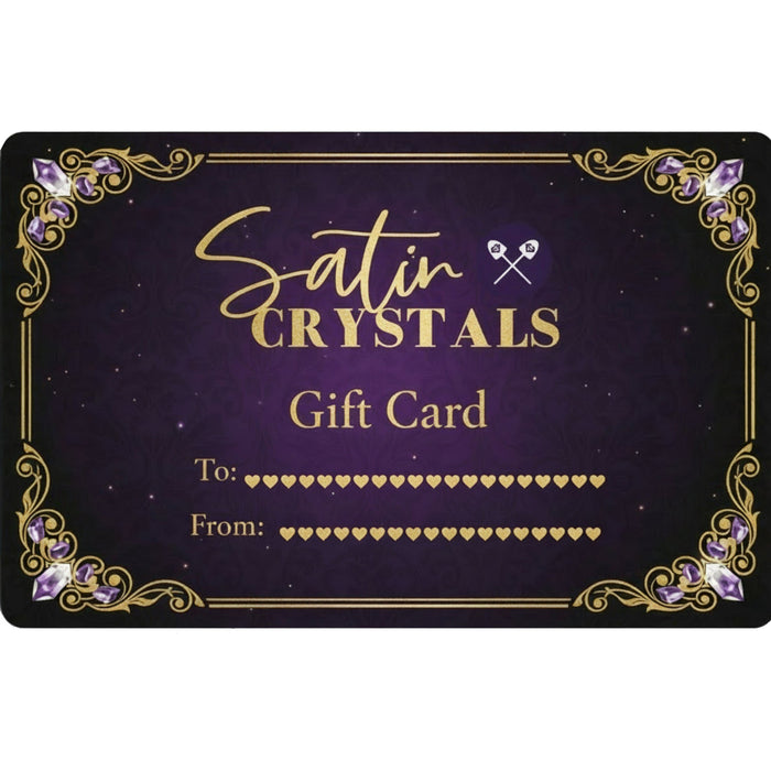 Satin Crystals gift card with decorative border and brand name.