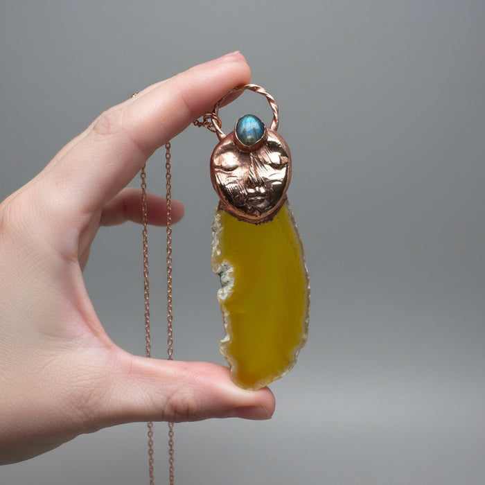 Yellow Agate Necklace Copper Goddess Labradorite