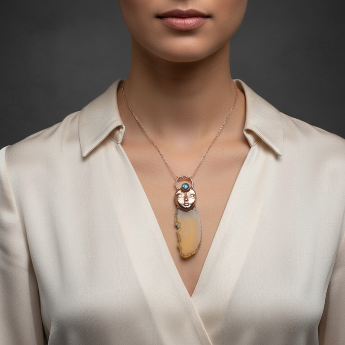 Yellow Agate Necklace Copper Goddess Labradorite