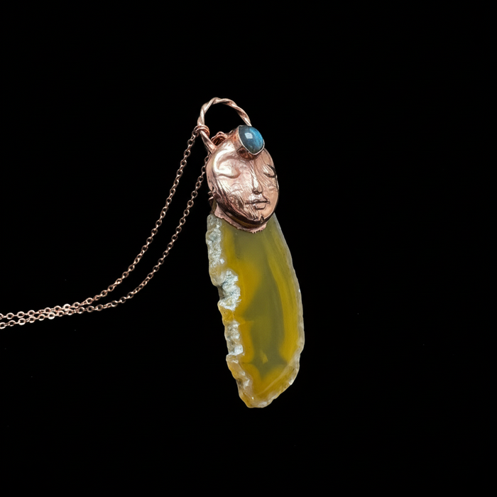 Yellow Agate Necklace Copper Goddess Labradorite