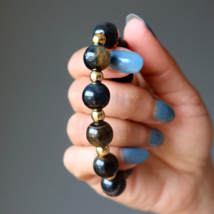 hawks eye and gold beaded stretch bracelet