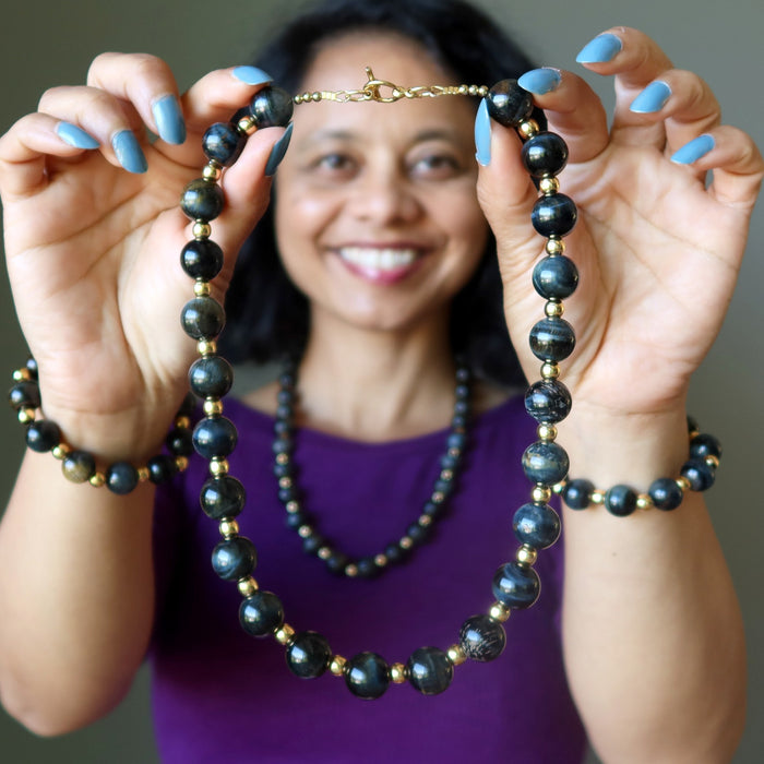 hawks eye and gold beaded necklace