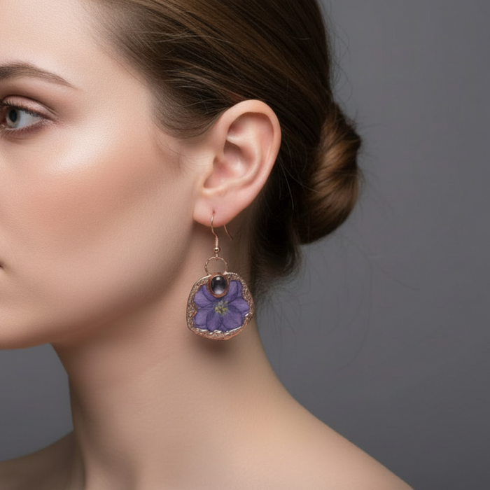 Rose Quartz Earrings Dried Purple Flower Copper