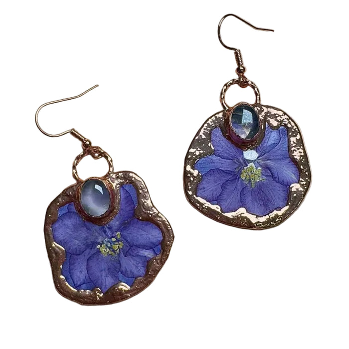 Rose Quartz Earrings Dried Purple Flower Copper