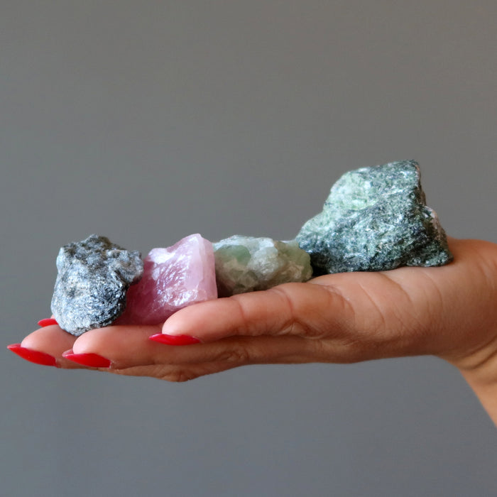 Heart Chakra Raw Crystal Set Diopside Rose Quartz Calcite Emerald