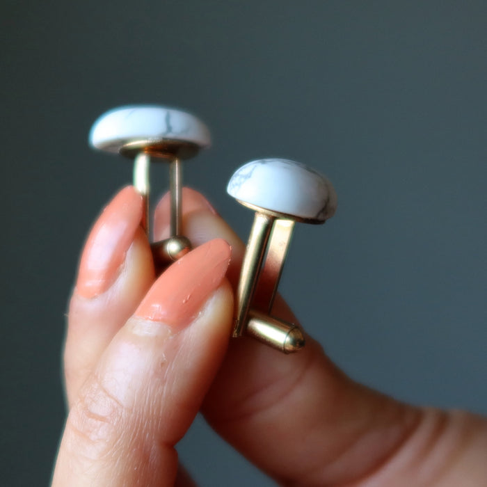 Howlite Cufflinks Healthy Inspiration White Oval Gems on Gold