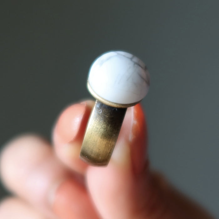 Howlite Ring Destiny on my Finger Round Antiqued Brass Size 7.25