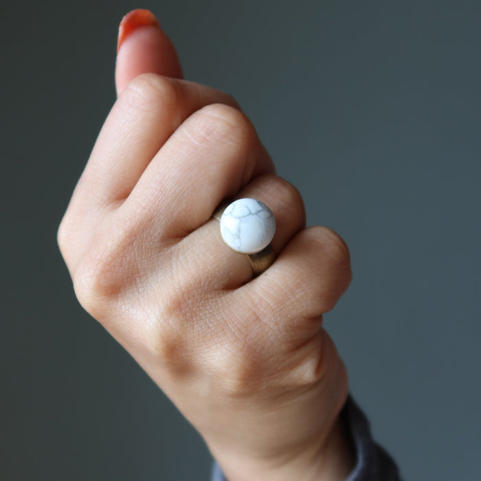 Howlite Ring Destiny on my Finger Round Antiqued Brass Size 7.25