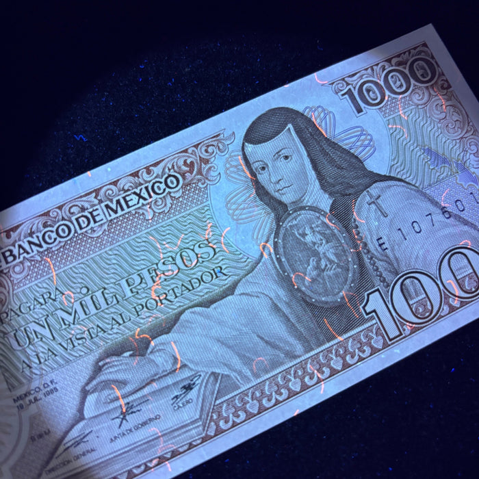 Vintage Banknote 1985 Old Mexico 1000 Pesos Sor Juana Currency UV Verified UNC
