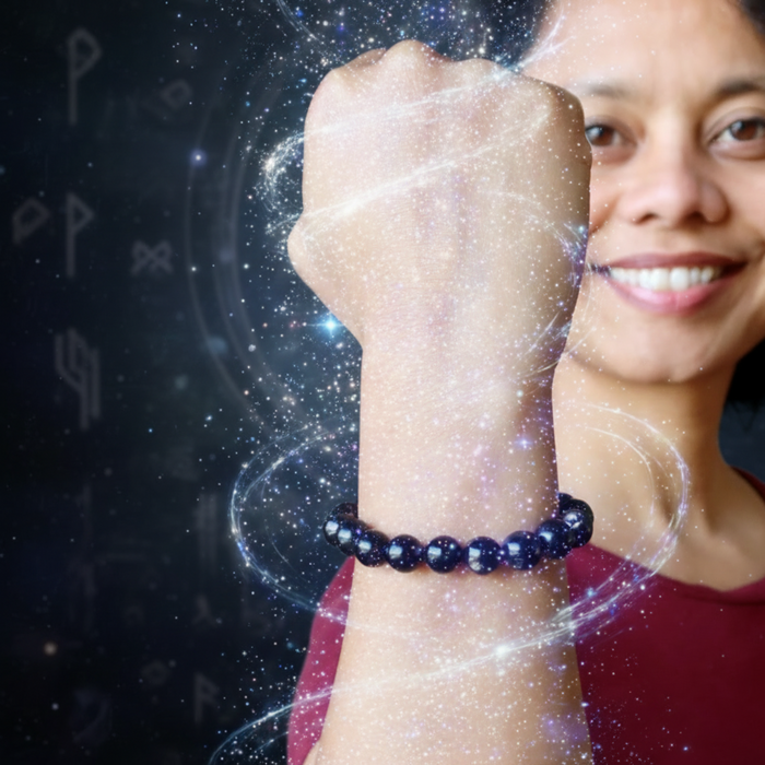 Person wearing a dark blue beaded bracelet with a mystical background