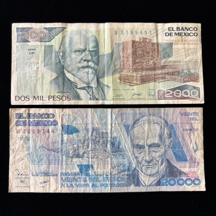 Vintage Banknote Lot Mexico 1980s Inflation Era 2K, 20K Old Pesos UV Verified