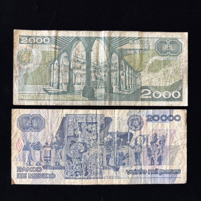 Vintage Banknote Lot Mexico 1980s Inflation Era 2K, 20K Old Pesos UV Verified