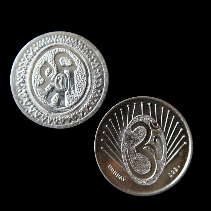 Vintage Bombay India .999 Fine Pure Silver Coin Lot Lakshmi Ganesha Om Pooja