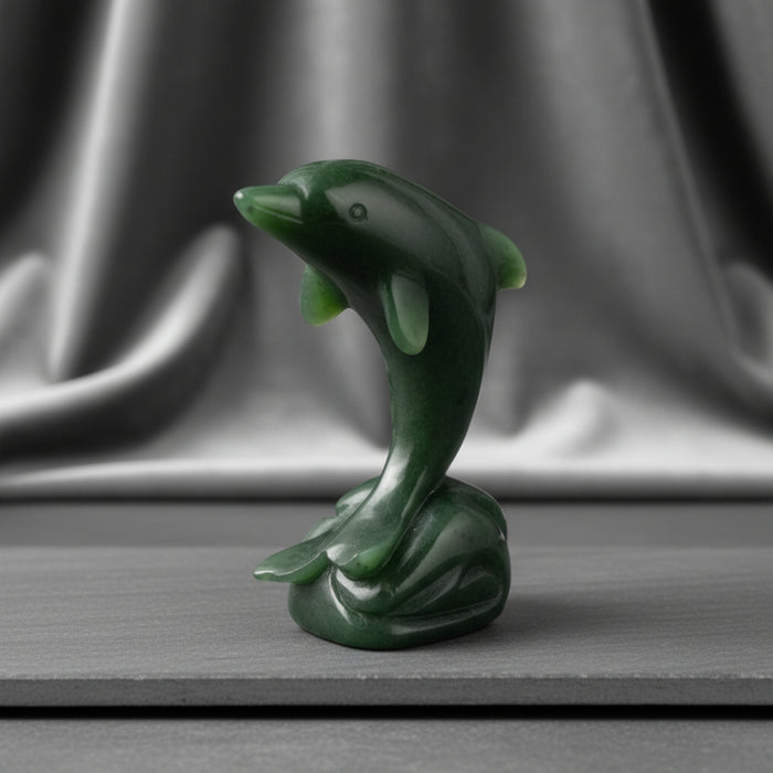Green jade sculpture of a dolphin on a white background
