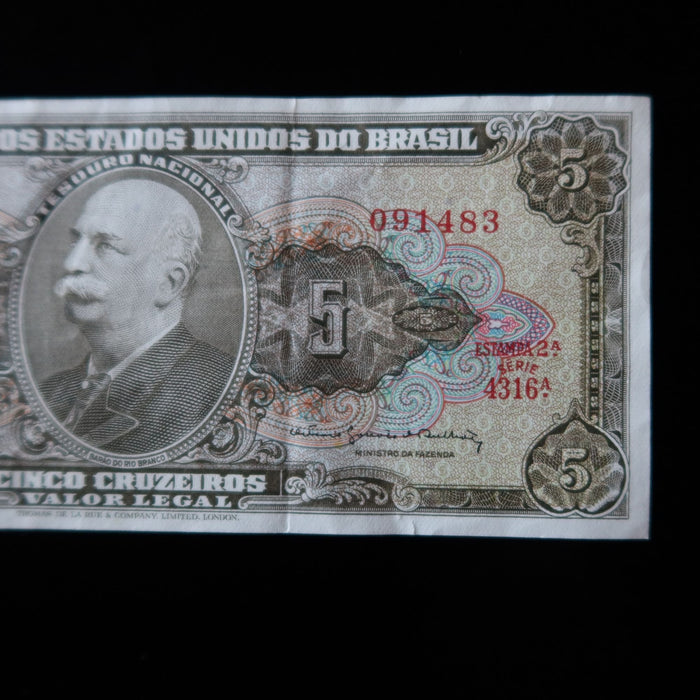 Vintage Banknote Brazil 5 Cruzeiros Estampa 2A Serie 4316A UV Verified