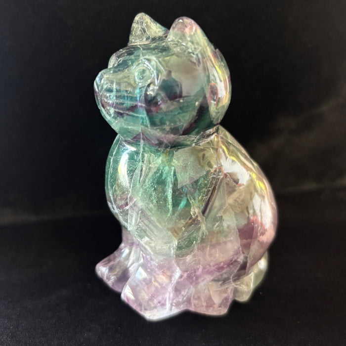 Rainbow Fluorite Cat Animal Figurine UV Glow Blue Green Purple