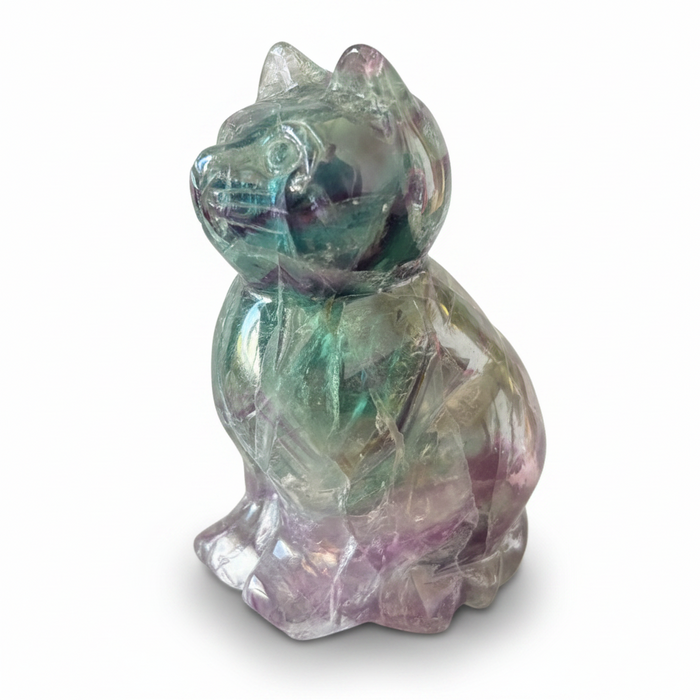 Rainbow Fluorite Cat Animal Figurine UV Glow Blue Green Purple