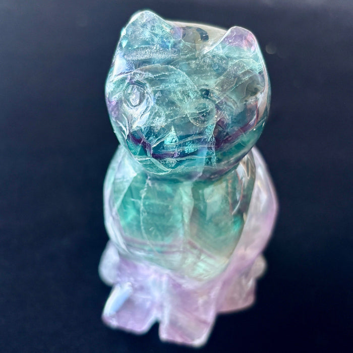 Rainbow Fluorite Cat Animal Figurine UV Glow Blue Green Purple