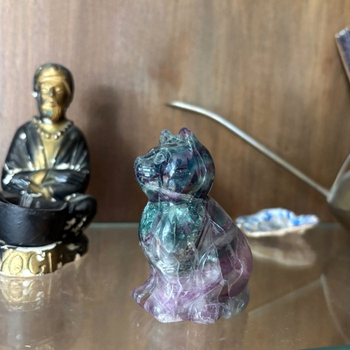 Rainbow Fluorite Cat Animal Figurine UV Glow Blue Green Purple