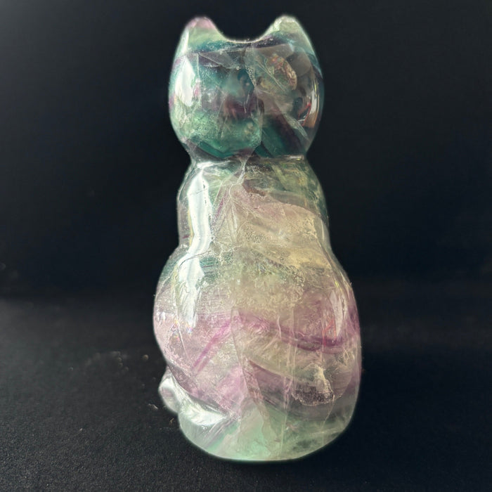 Rainbow Fluorite Cat Animal Figurine UV Glow Blue Green Purple