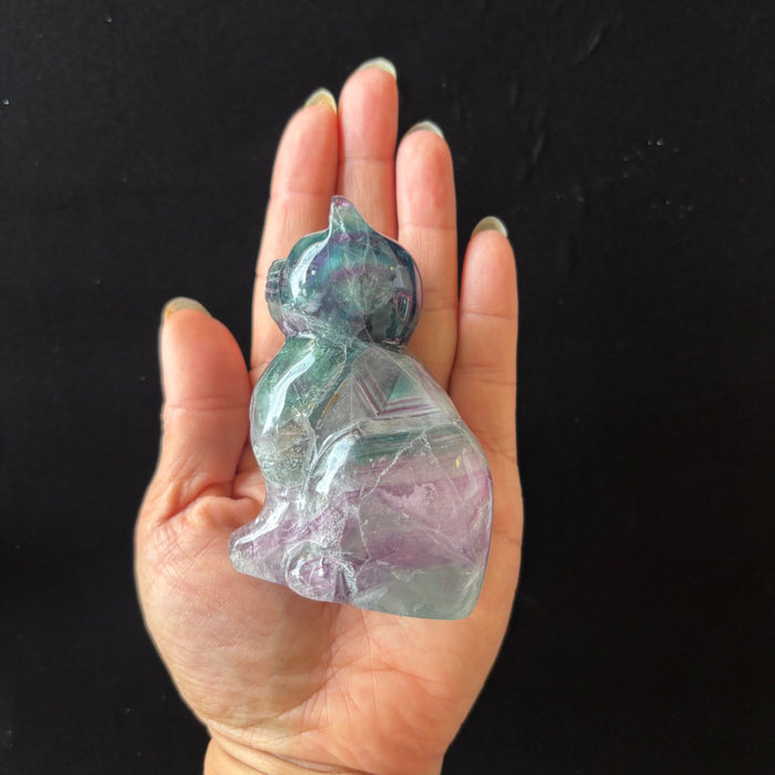 Rainbow Fluorite Cat Animal Figurine UV Glow Blue Green Purple