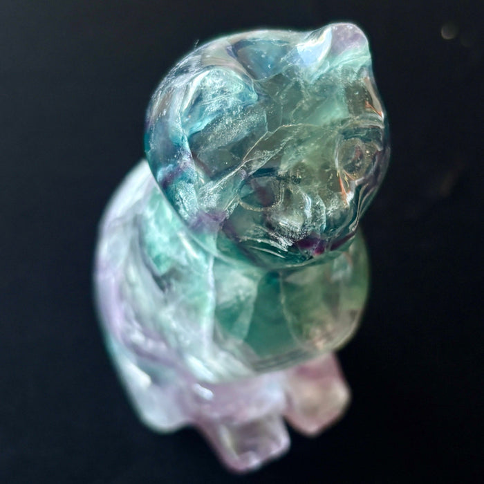 Rainbow Fluorite Cat Animal Figurine UV Glow Blue Green Purple