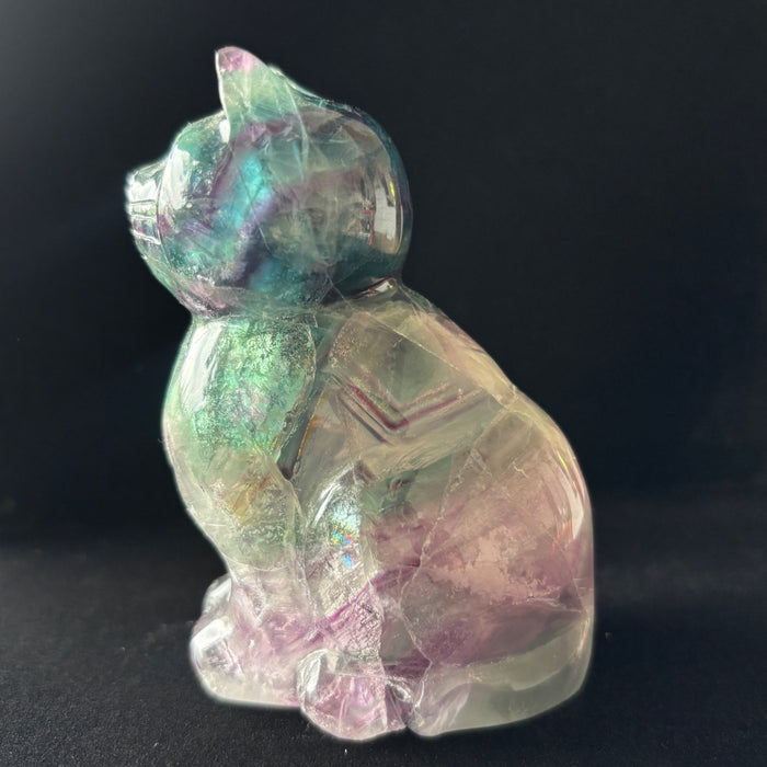Rainbow Fluorite Cat Animal Figurine UV Glow Blue Green Purple