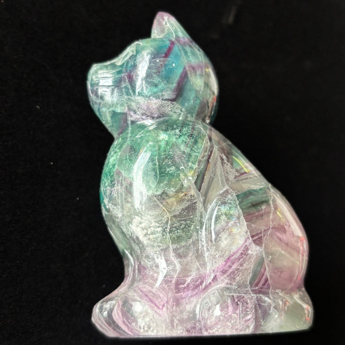 Rainbow Fluorite Cat Animal Figurine UV Glow Blue Green Purple