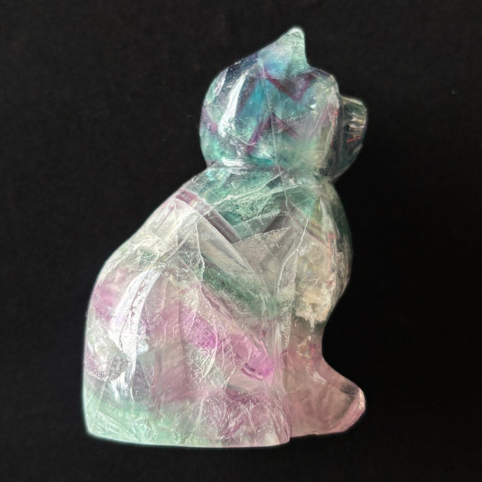 Rainbow Fluorite Cat Animal Figurine UV Glow Blue Green Purple