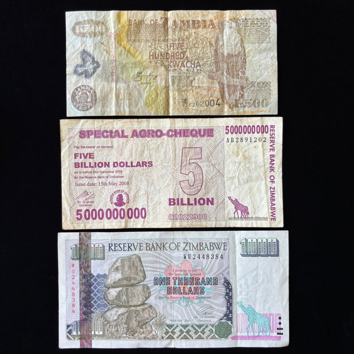 Vintage Banknote Lot of 3 Zambia Zimbabwe Giraffe Elephant African UV Watermark